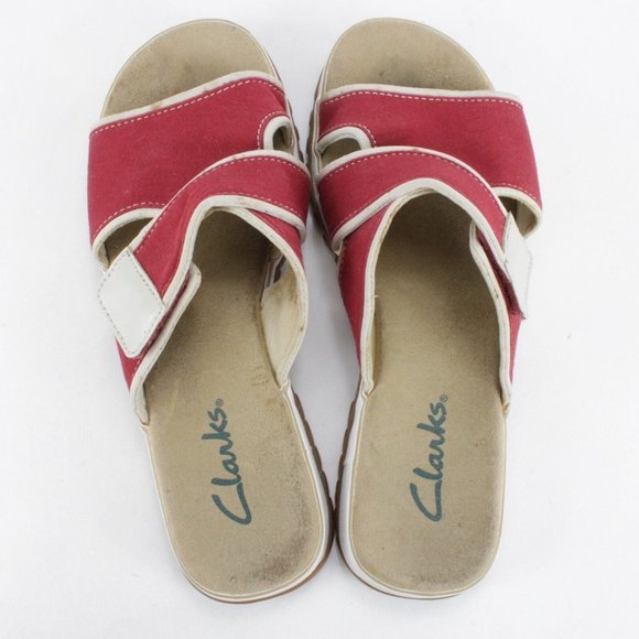 Clarks Canvas Slides Open Toe Strappy Sandals Red Womens Size 8M - Picture 5 of 7
